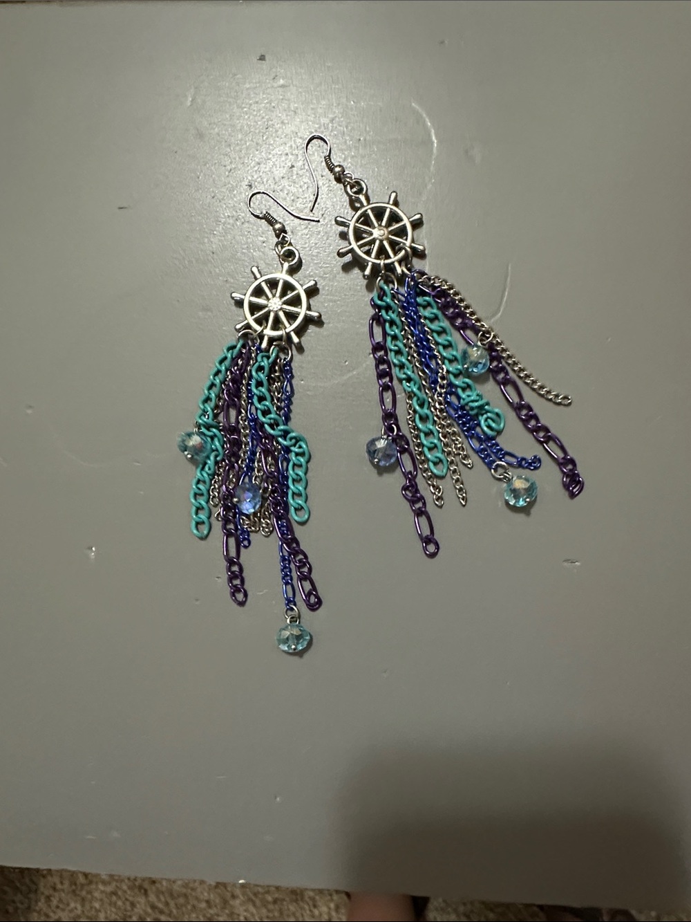 Nautical Wheel Tassel Earrings - Teal & Purple